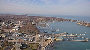 Bird’s eye view of the village and harbor of Put-in-Bay. 