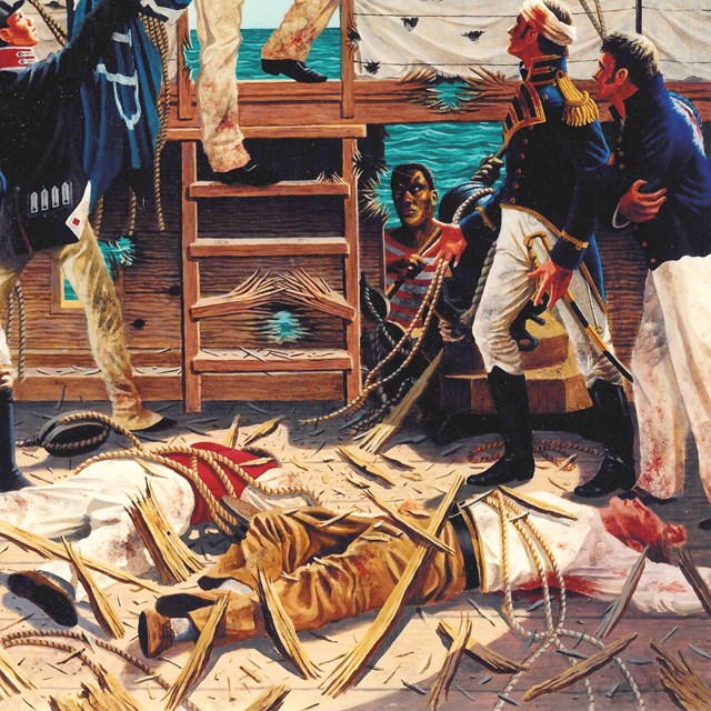 An artist rendering of two dead sailors on the deck of a ship, two wounded men and a few others 