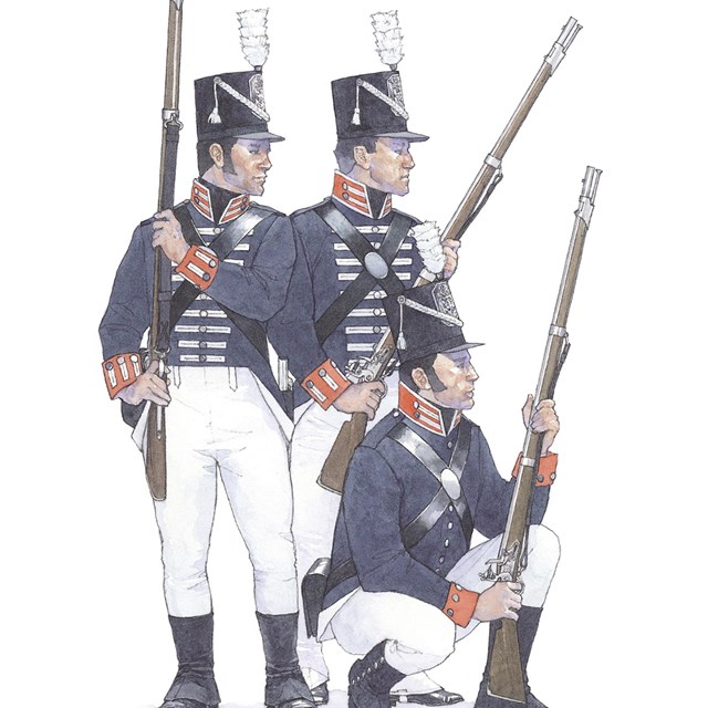 Three Battle of Lake Erie US Regular soldier uniforms, white pants, blue jackets, hats with a plume 