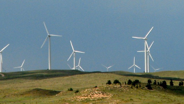 Image of green field with large white wind turbines.