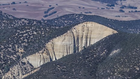 Landscape shot of creased cliff face with chaparral vegetation on top.