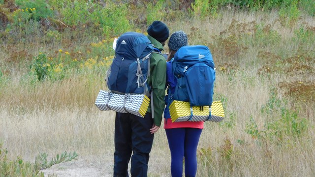 Two hikers wearing large packs face away from the camera looking at a map.