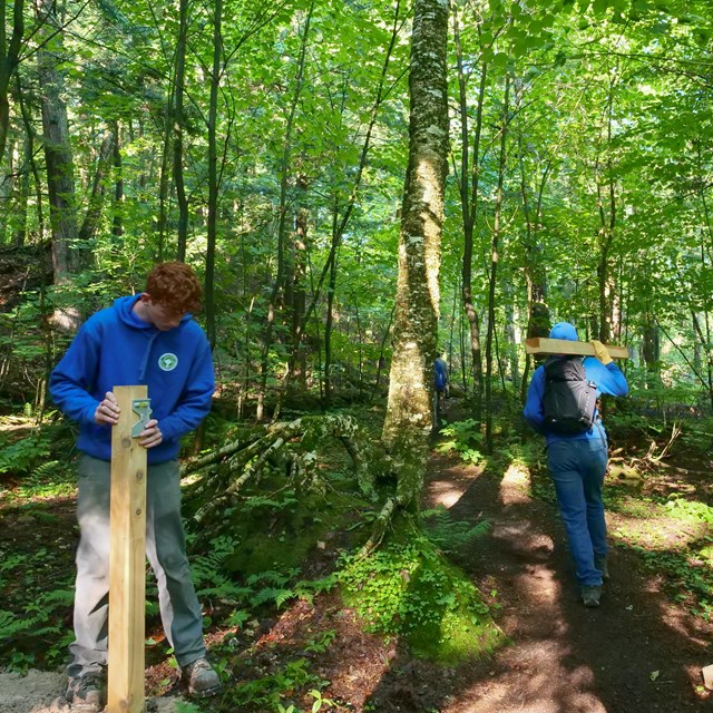 Two people work on a construction project next to a trail