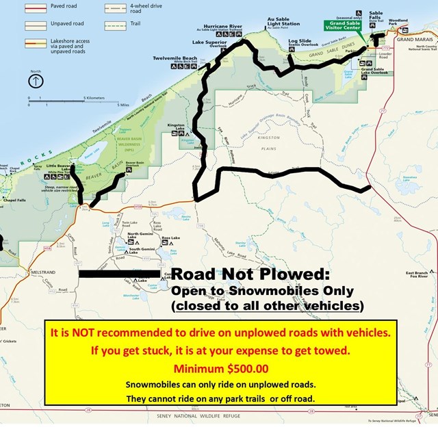Map of park showing roads that are not plowed