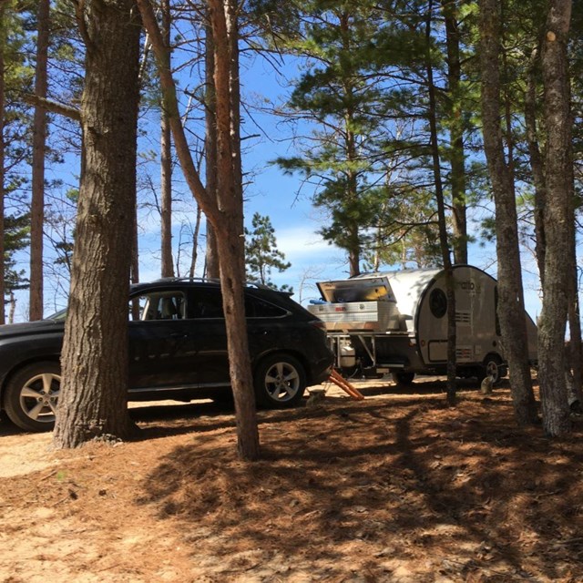 Trees surround a car and camper parked in a campsite.