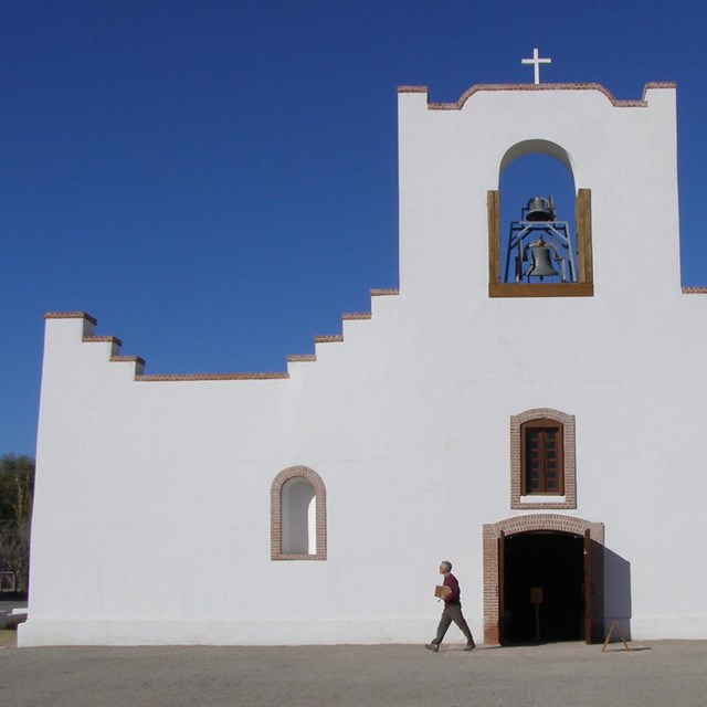 White stucco exterior of Spanish mission