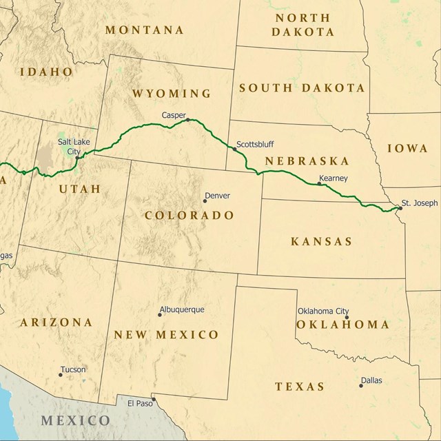 A map of the route of the trail, from Missouri, west to Sacramento, CA.