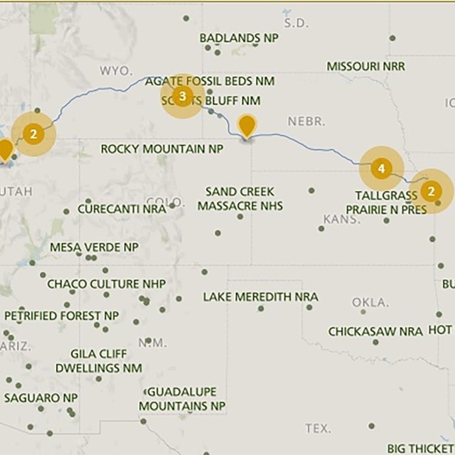 A map of the United States depicting a trail from Missouri to Sacramento, California.