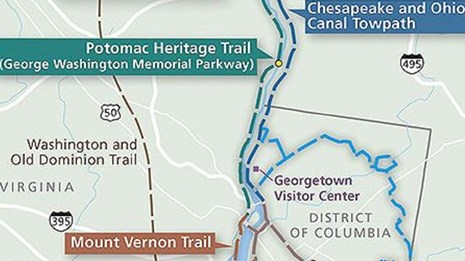 A map illustrating a portion of the Potomac Heritage National Scenic Trail network