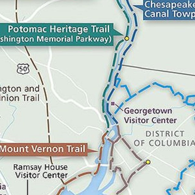 A map illustrating a portion of the Potomac Heritage National Scenic Trail network