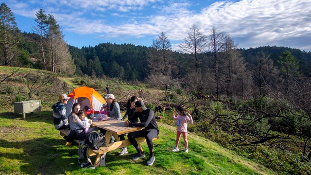 A family of seven sits around a picnic table in a campsite with a tent and food storage locker.