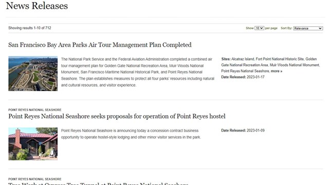 A screen shot of headlines and images from the park's news releases page.