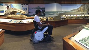 An individual in a wheelchair exploring the Bear Valley Visitor Center.