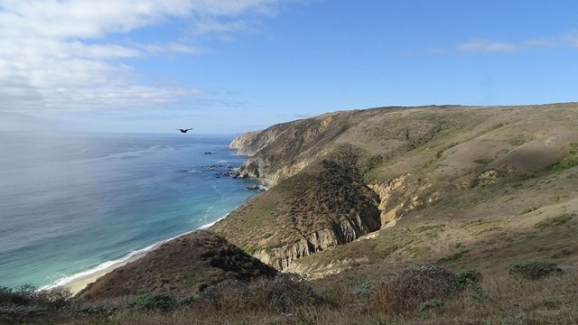 A rugged coastline with the ocean and clouds on the left and grasslands on the right.