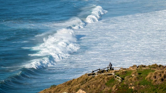 A man on the edge of a cliff looks out to big rolling waves on the ocean.