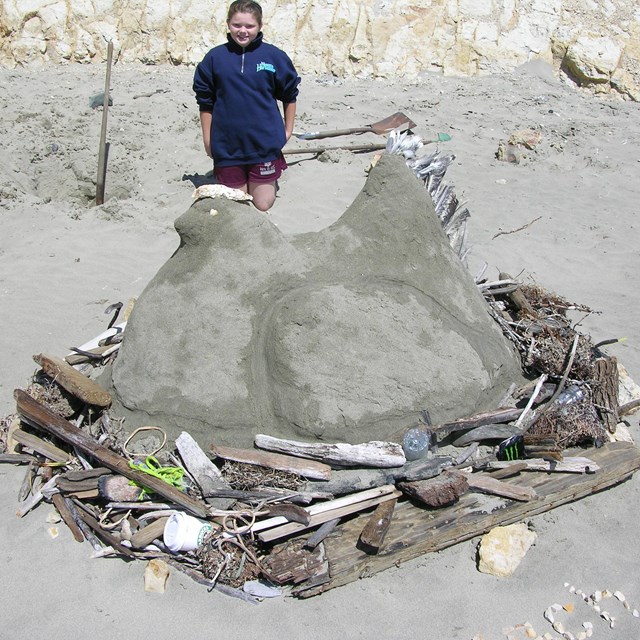 A sand sculpture of a chicken on a nest made of small marine debris.