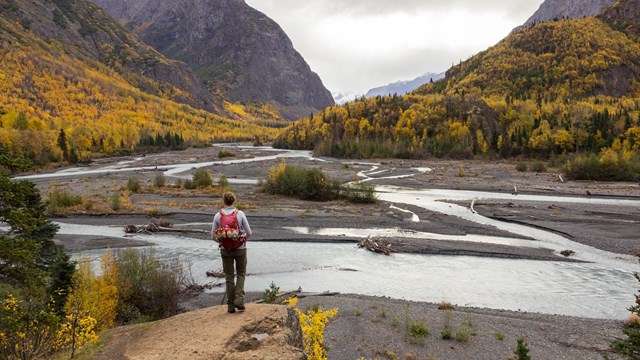 Woman standing in front of criss-crossing streams. 