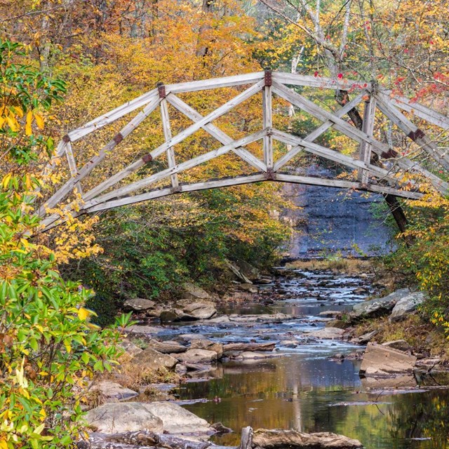 The Arched Bridge surrounded by fall foliage 