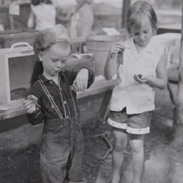 Young campers, one boy and one girl, playing with turtles