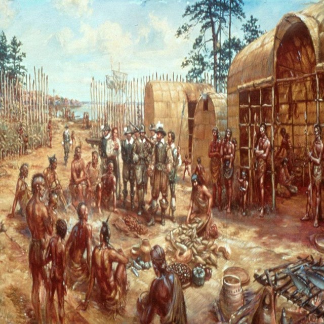 American Indians meeting with English settlers