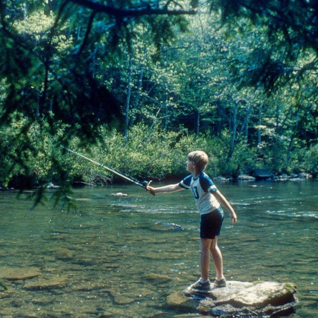 Young boy casting a line into a stream