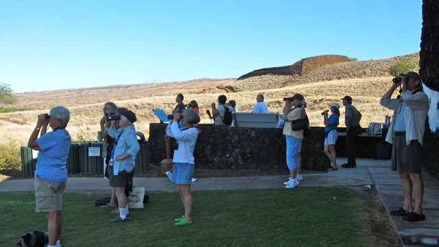 Group of individuals looking through binoculars toward the ocean