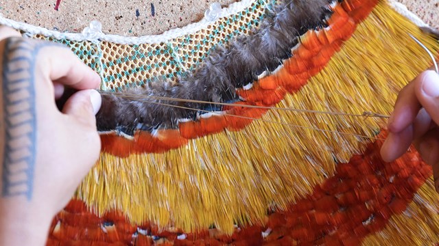Close-up photograph of hand doing featherwork on a traditional Hawaiian cape
