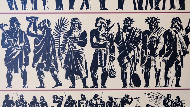 Illustrated Hawaiian figures depicted in various poses