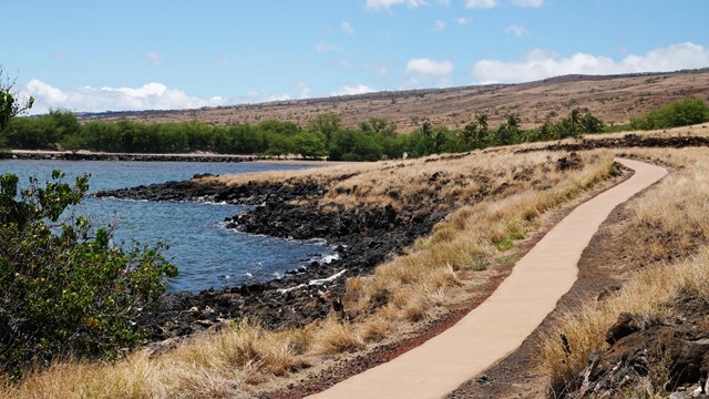 Paved walking trail along rocky ocean coast