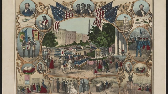 A colorized illustration of the rights granted by the 15th Amendment to the Constitution.