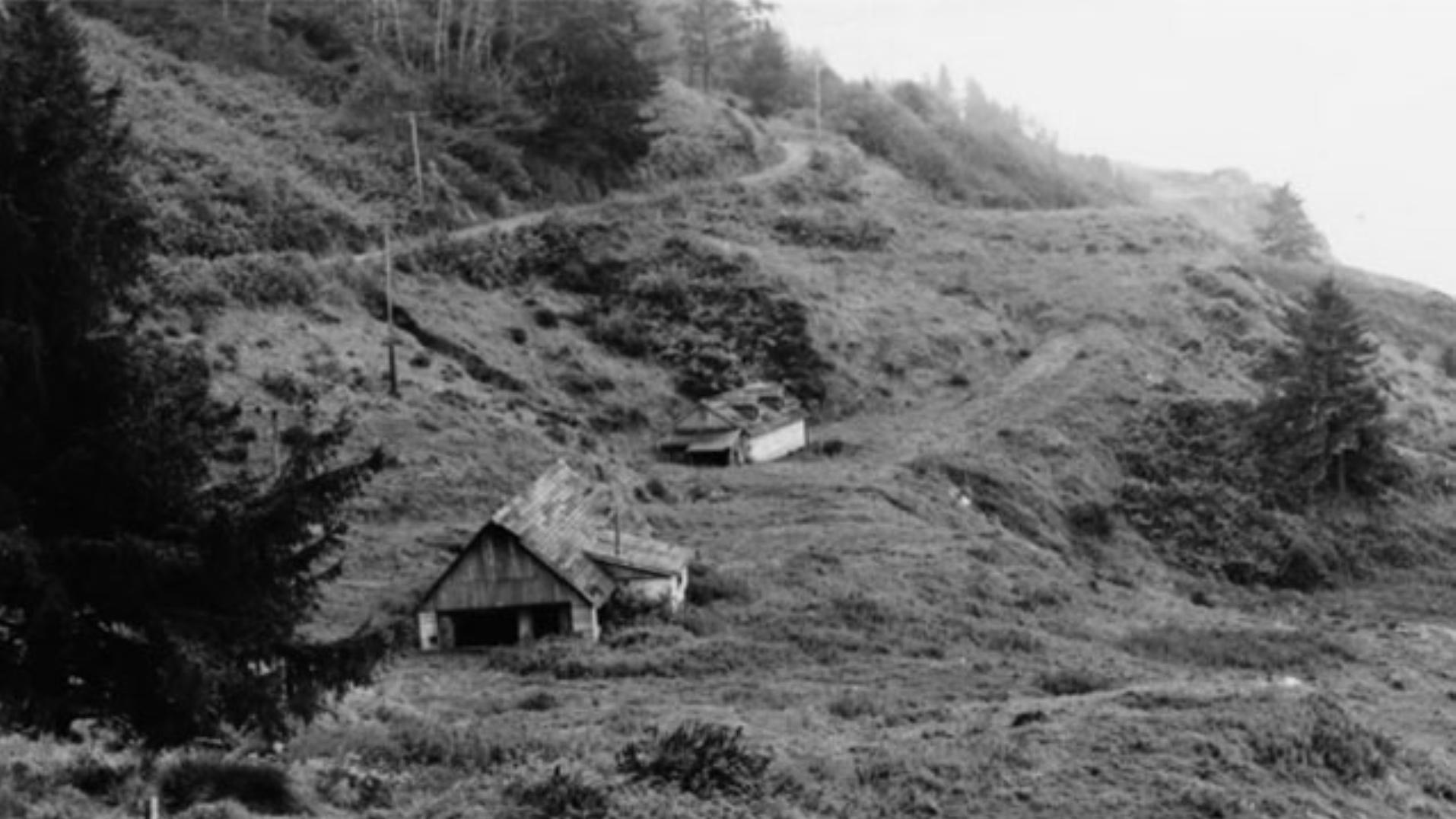Black and white photo of 1940s-era California farm