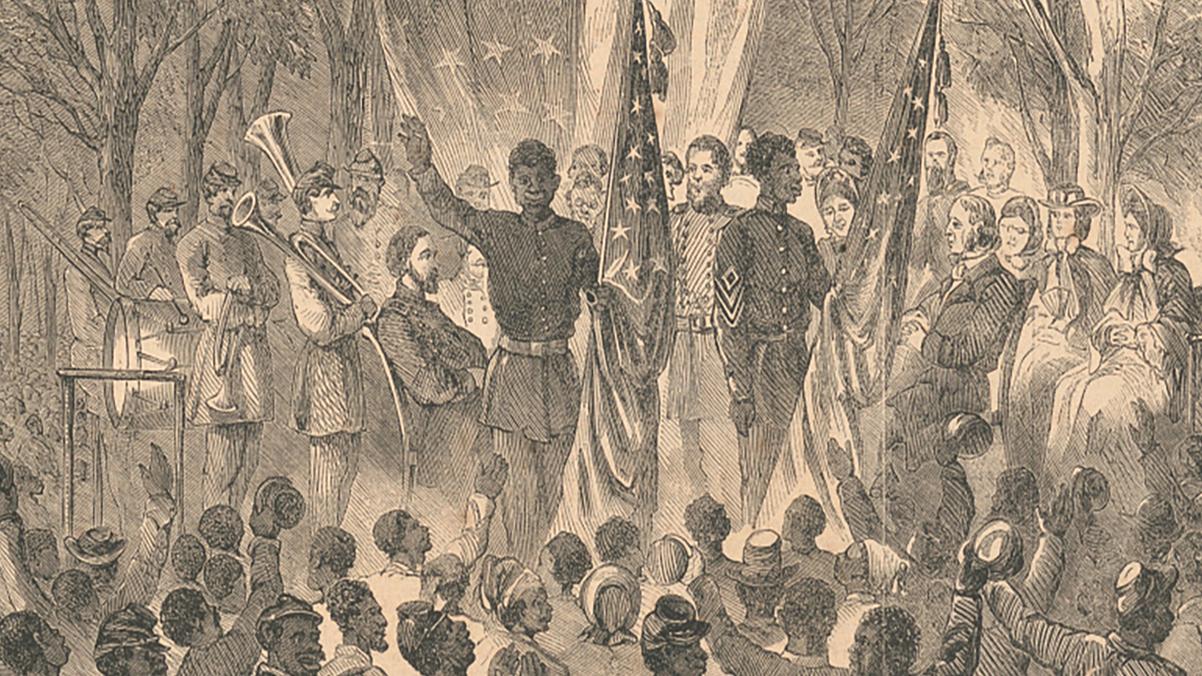 A historic drawing of a crowd celebrating around a group of soldiers with an American Flag.