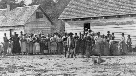 Large group of former slaves standing in front of cabins on Smith's Plantation in Beaufort, SC