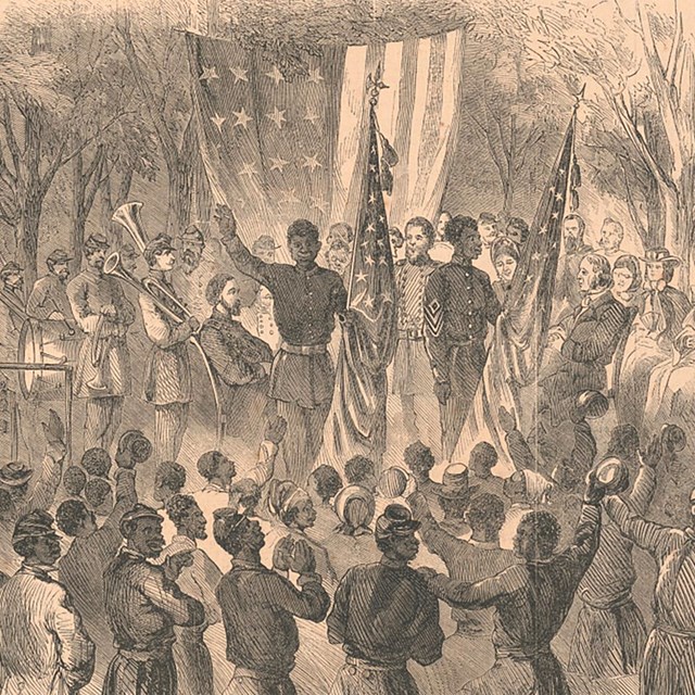 A drawing of the first reading of the Emancipation Proclamation at Camp Saxton.