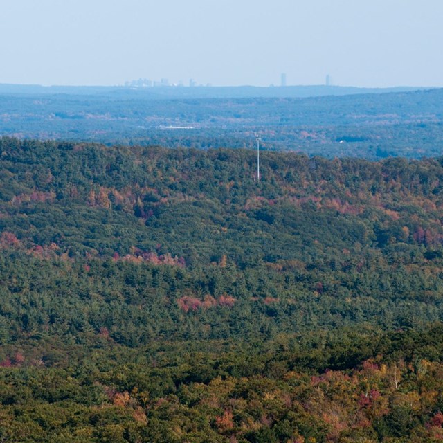 A view of forested hills dotted with fall colors and a city far away on the horizon
