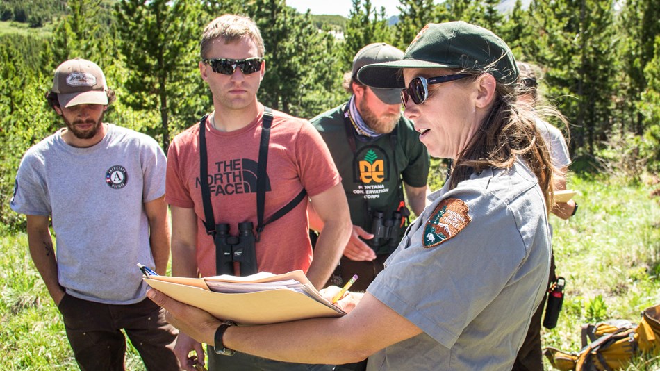 A park ranger in uniform shows data sheets to a group of citizen scientists out in the field.