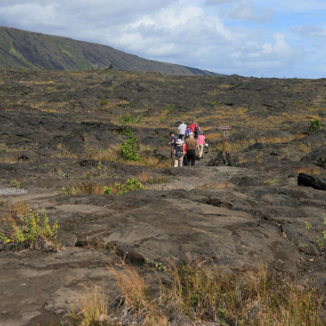 people walk among black lava field