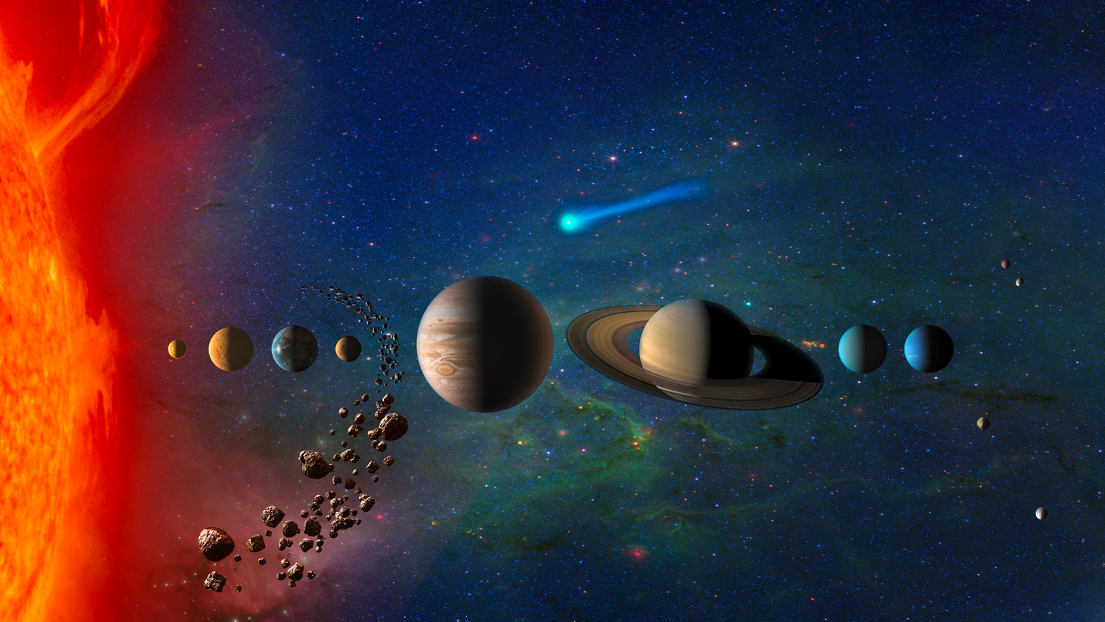 View of solar system with planets to size scale.