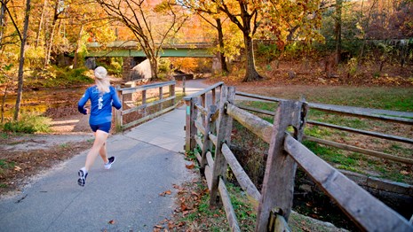 A woman runs on a trail in Rock Creek Park. 