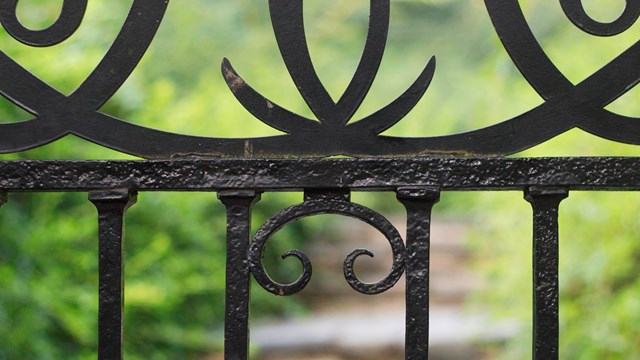 First person point of view. Peering through of Forsythia Gate at Dumbarton Oaks Park