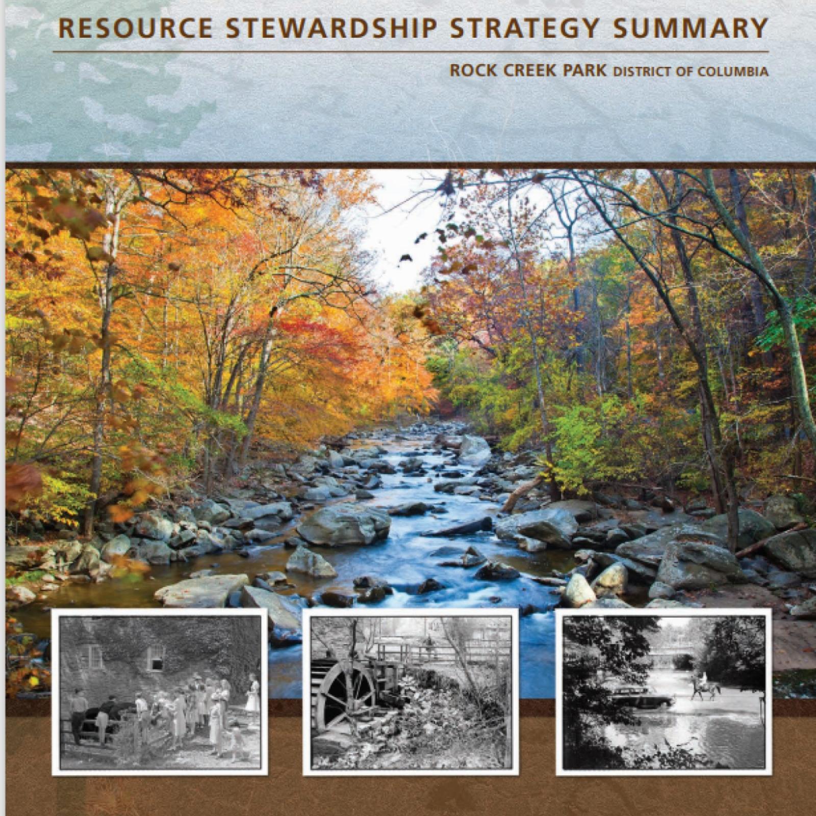 A colorful image of the creek in autumn. Three black and white historic images at bottom