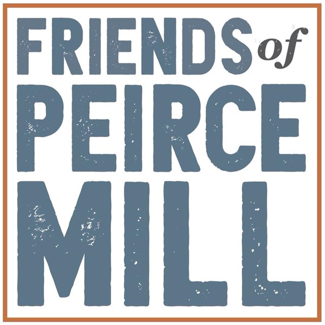 2022 Friends of Peirce Mill logo blue text in brown frame