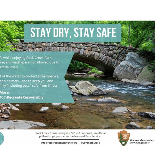 Image of the creek with information about Stay Dry, Stay Safe