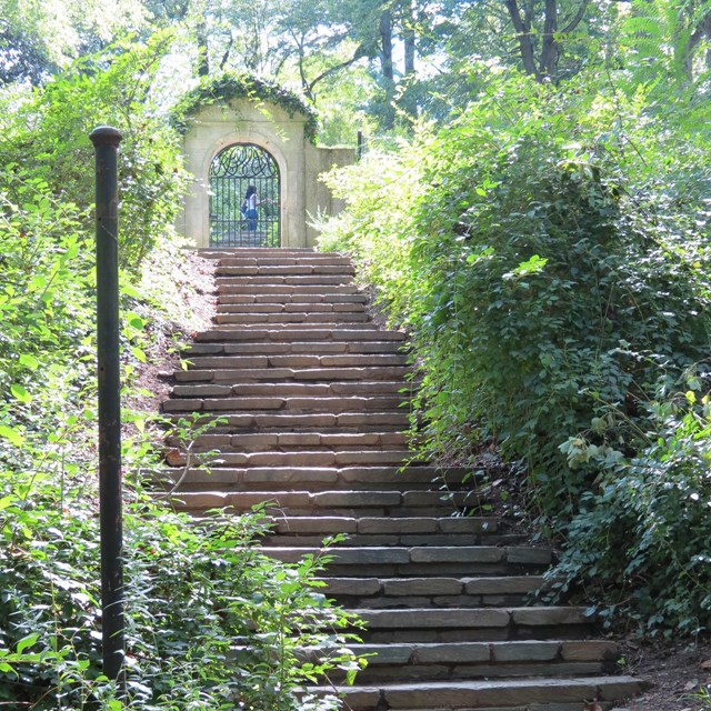 an arched gate at the top of a set of stone stairs.  Green bushes line both sides of the staircase