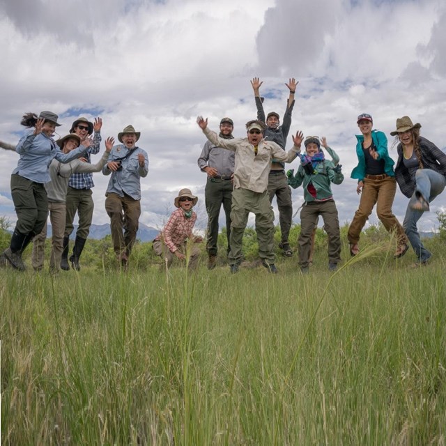 Rocky Mountain Network and Great Sand Dunes staff jumping in Great Sand Dunes NP.