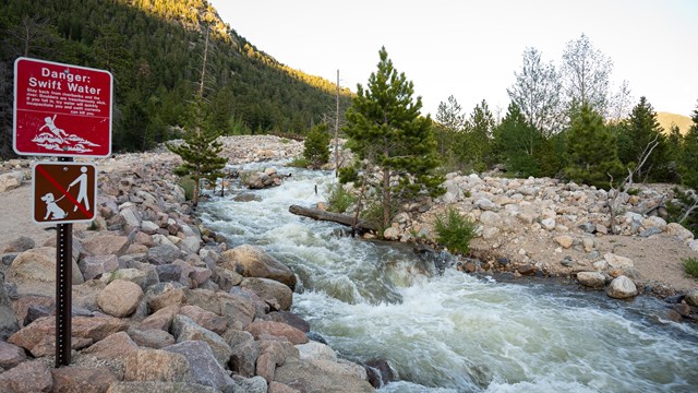 A mountain river is flowing fast and there is a sign posted "Danger Swift Water."