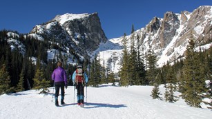 Two people are hiking in the snow using traction devices