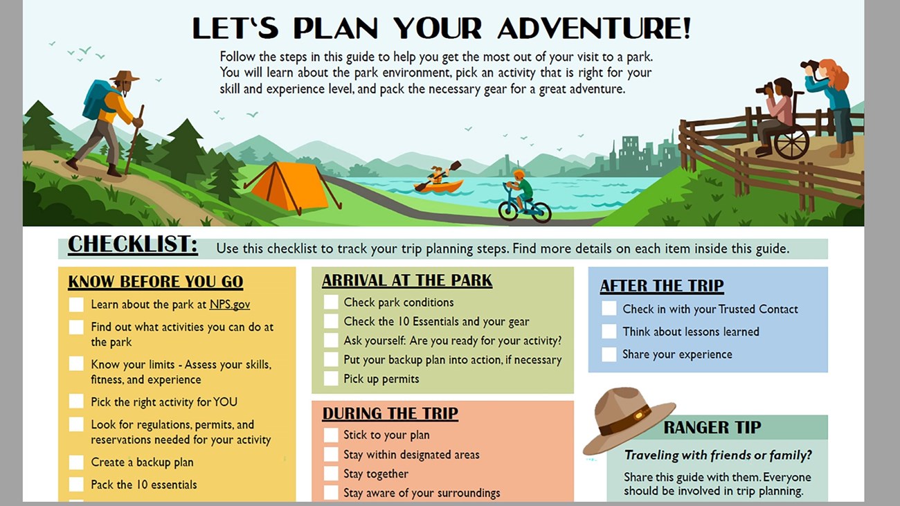 Graphic image of a trip planning checklist, with boxes to check off. 