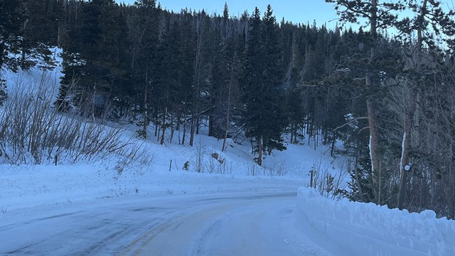 A road in RMNP is covered with a layer of snow and ice.