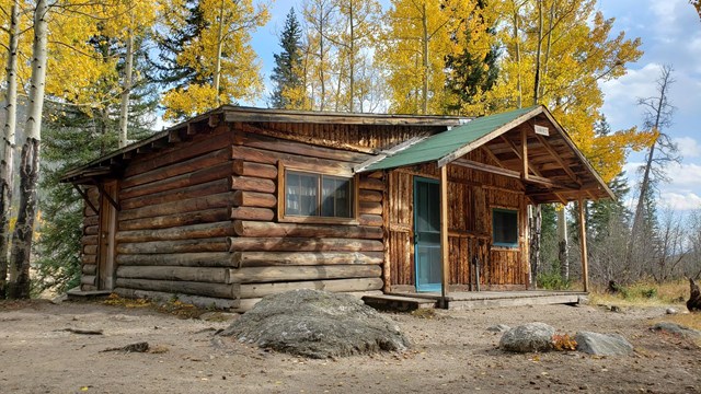 View of the exterior of a historic wood cabin